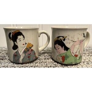 VTG Set of 2 Japanese Geisha Girl Women Mug Cup Oriental Coffee Tea 10oz Japan
